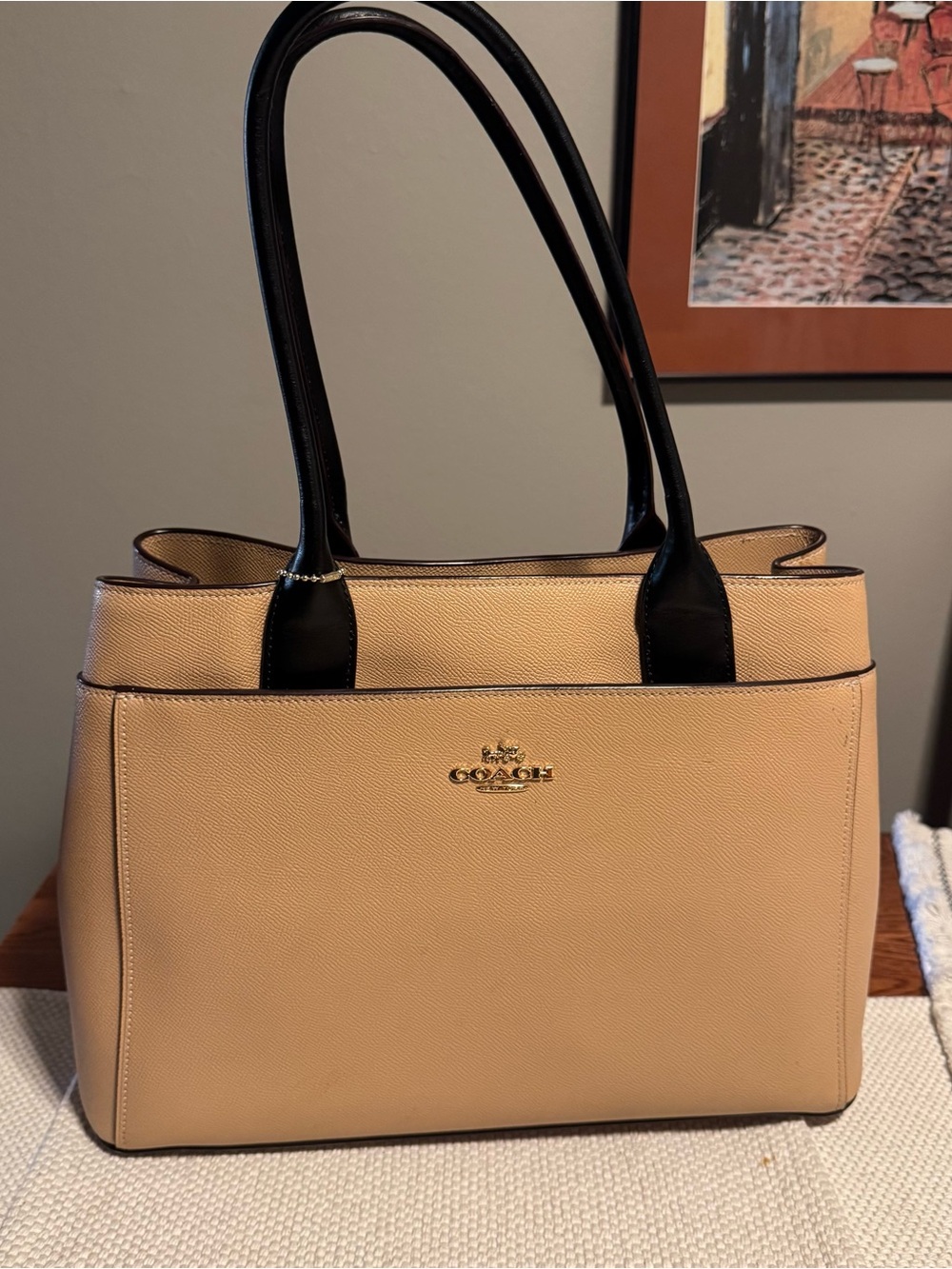 COACH Pebbled Leather Tote in Beige with Black Handles